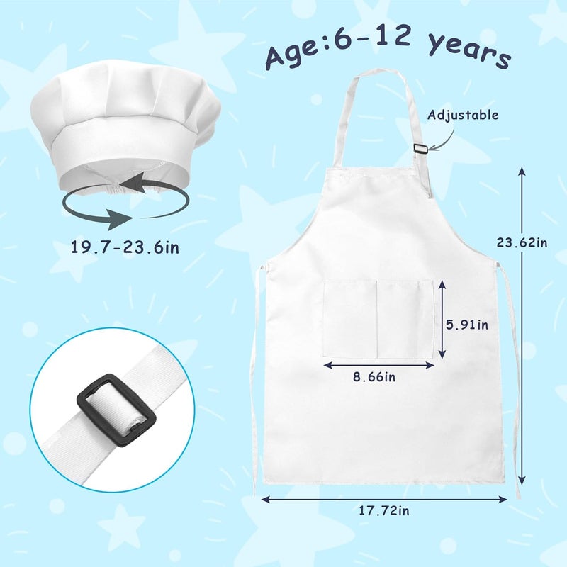 IAGBIBUI Kids Apron and Chef Hat Set, 24 Pieces Boys Girls Kids Apron with 2 Pockets Adjustable for Cooking Classroom Baking Painting, 6-13 Years, White - Image 2
